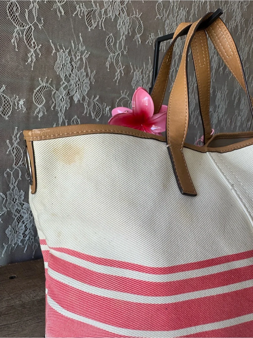 Coach Pink and Cream Canvas Stripe Tote with Tan Leather Trim